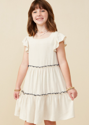 Girls Contrast Stitched Square Neck Ruffle Dress