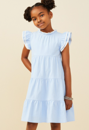 Girls Contrast Piped Ruffle Detail Dress in Blue