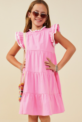 Girls Contrast Piped Ruffle Detail Dress in Pink