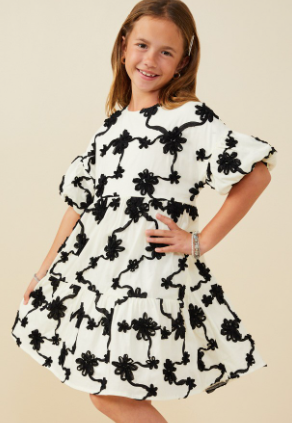 Girls Floral Applique Ruffled Sleeve Dress