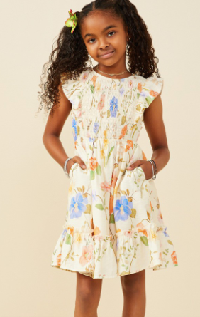Girls Textured Floral Print Smocked Ruffle Tank Dress