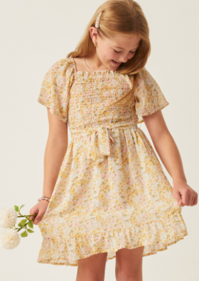 Girls Floral Smocked Tulip Sleeve Belted Dress