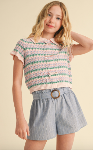 Tween Kids Girls Collared Crop Knit Top