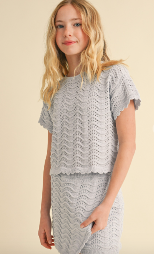 Crochet S/s Top in Lt Blue