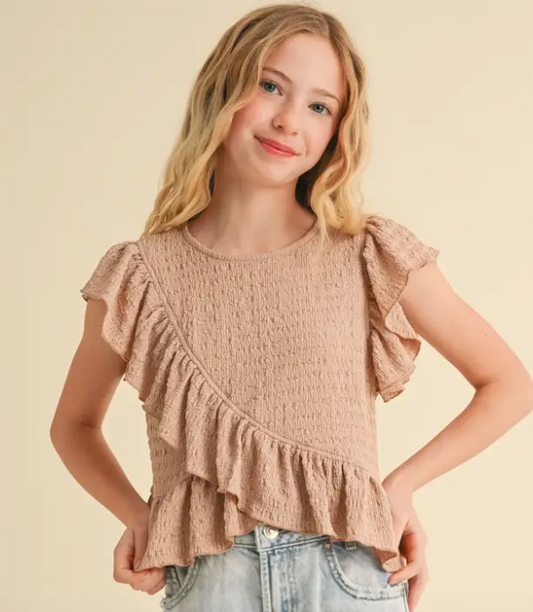 Tween Kids Girls Asymmetrical Sleeveless Top in Taupe