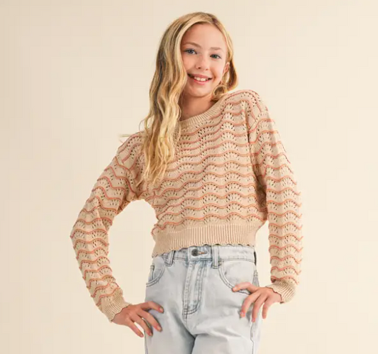 Tween Girls Wavy Pointelle Longsleeve Sweater
