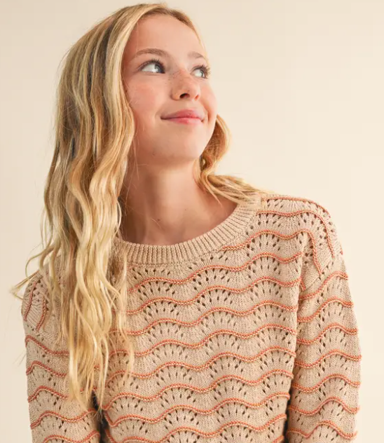 Tween Girls Wavy Pointelle Longsleeve Sweater
