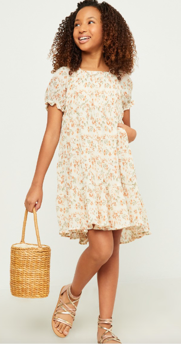 Girls Pleated Floral Print Square Neck Tiered Dress