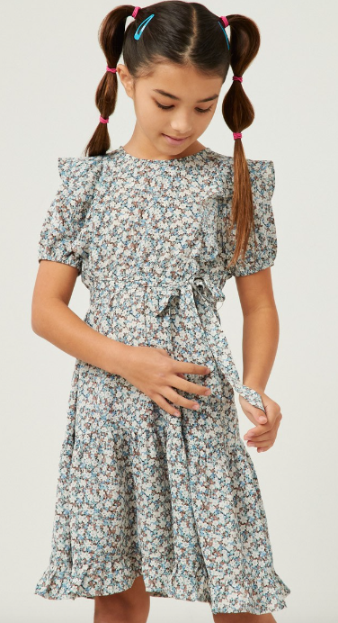 Girls Ruffle Sleeve Belted Ditsy Floral Dress