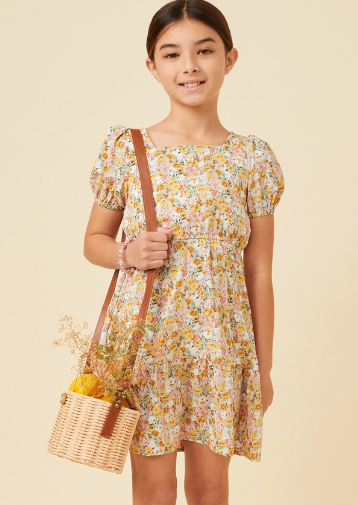Girls Puff Sleeve Floral Tied Square Neck Dress