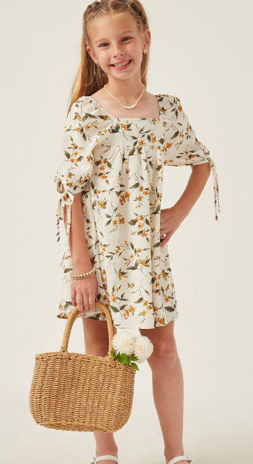 Girls Floral Square Neck Tie Sleeve Dress