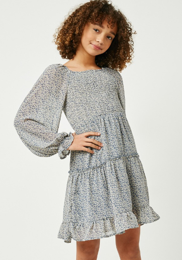 Girls Smocked Square Neck Floral Mini Dress in Blue