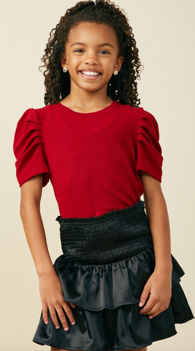 Girls Ribbed Pleated Shoulder Puff Sleeve Top in Red