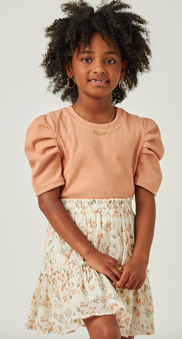 Girls Ribbed Pleated Shoulder Puff Sleeve Top in Mauve