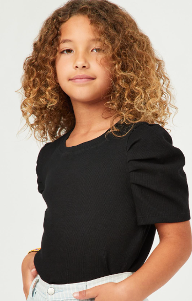 Girls Ribbed Pleated Shoulder Puff Sleeve Top in Black