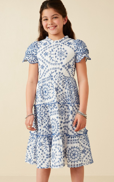 Girls Eyelet Lace Scallop Sleeve Midi Dress