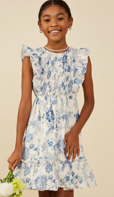 Girls Antique Floral Smock And Ruffle Dress in Blue