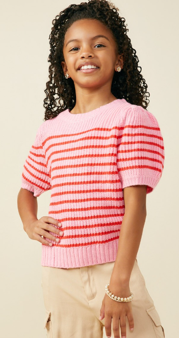 Girls Striped Puff Sleeve Short Sleeve Pink/ Red Sweater
