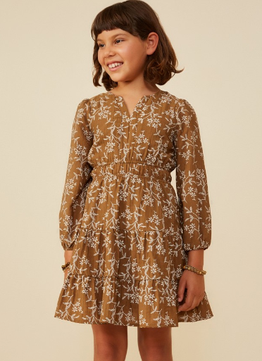 Girls Notch Detail Long Sleeve Floral Embroidered Dress