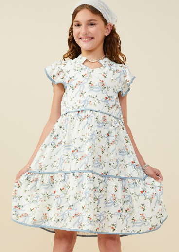 Girls Floral Ribbon Print Contrast Trim Dress