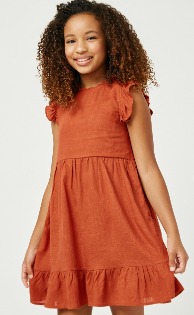 Girls Linen Look Ruffle Sleeve Keyhole Dress in Rust