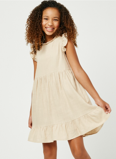 Girls Linen Look Ruffle Sleeve Keyhole Dress in Oatmeal