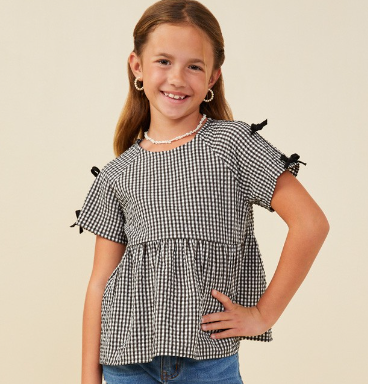 Girls Contrast Ribbon Gingham Babydoll Top