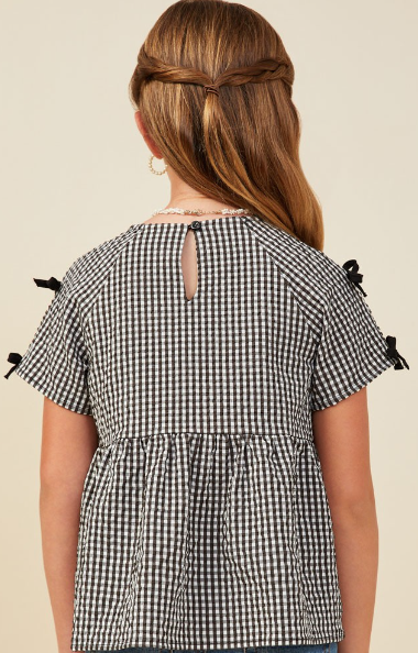 Girls Contrast Ribbon Gingham Babydoll Top