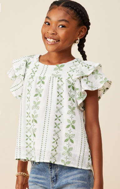 Girls Botanical Embroidered Layered Ruffle Top