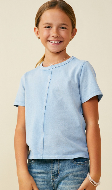Girls Raw Edge Detail Washed Knit Top in Blue