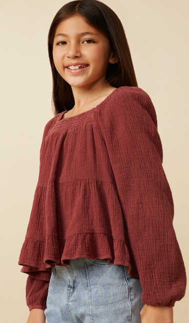Girls Smock Detailed Textured Washed Peplum Top