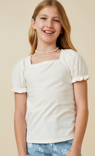 Girls Knit Swiss Dot Square Neck Tee in Off White