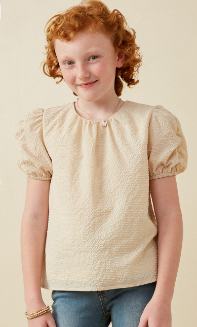 Girls Seersucker Textured Puff Sleeve Top