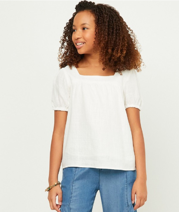 Girls Linen Look Square Neck Puff Sleeve Top