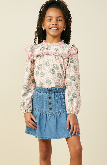 Girls Pleated Button Detail Denim Skirt