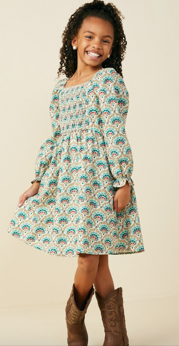 Girls Smithsonian Shin Budjitsukai Smocked Long Sleeve Dress