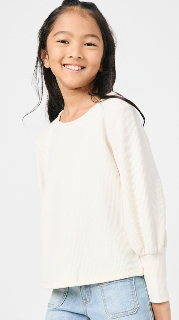 Girls Textured Rib Exaggerated Cuff Knit Top in Ivory