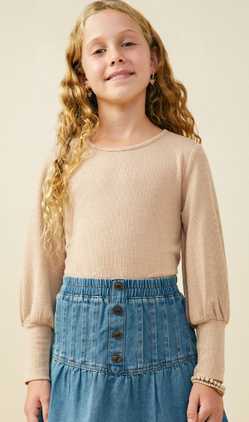 Girls Textured Rib Exaggerated Cuff Knit Top in Taupe