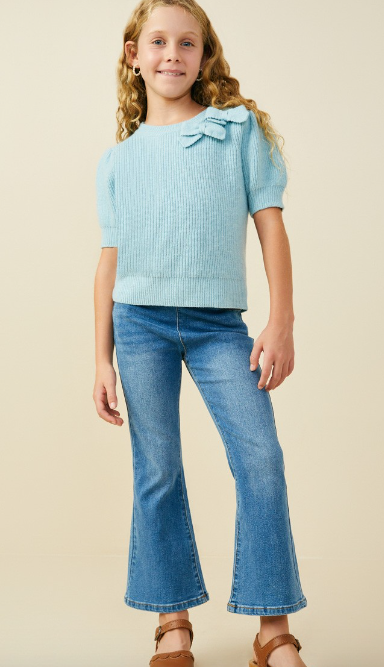 Girls Bow Detailed Puff Sleeve Short Sleeve Sweater Top