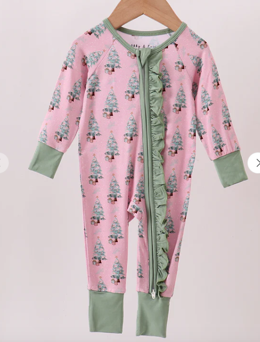 Pink Christmas Tree Bamboo Ruffle Zipper Romper