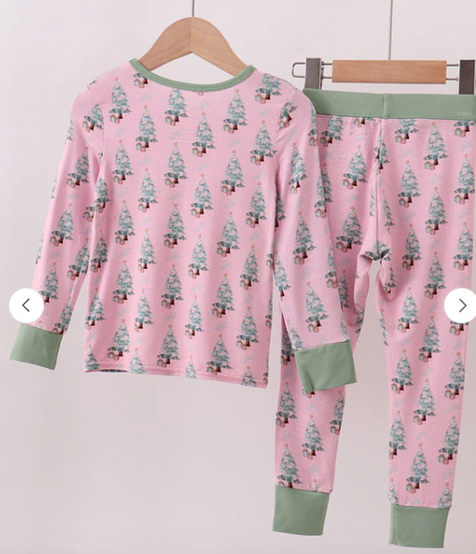 Pink Christmas Tree Bamboo Pants Set