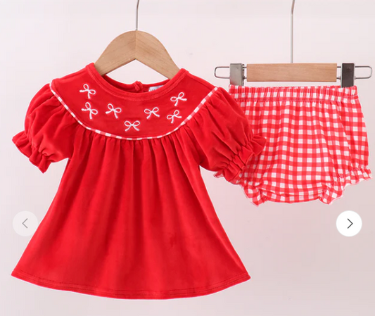 Red Bow Embroidery Velvet Bloomer Set