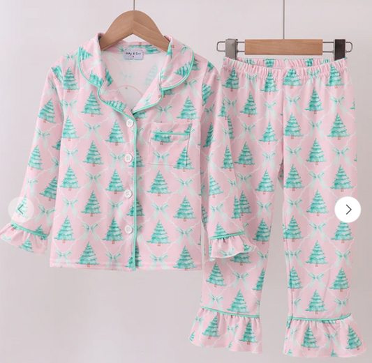 Pink Christmas Tree Ruffle Pajama Set