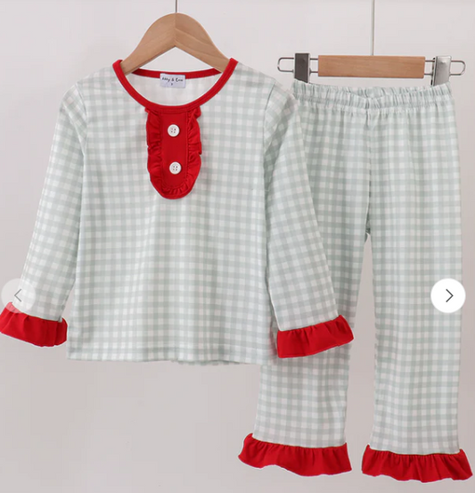 Sage Gingham Ruffle Pajama Set