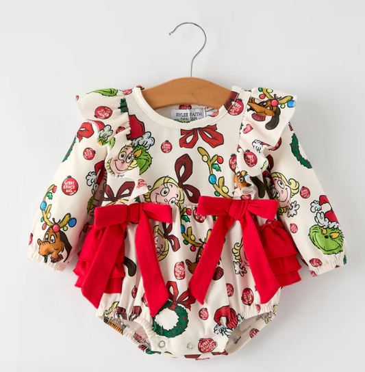 Christmas Cindy Lou Print Baby Girls Romper with Red Bow Detail