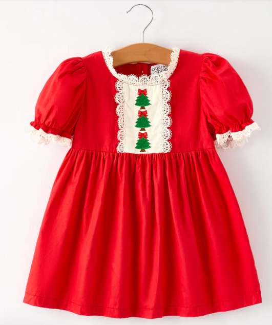 Red Christmas Girls Dress: Beautiful Embroidery with Lace Trim