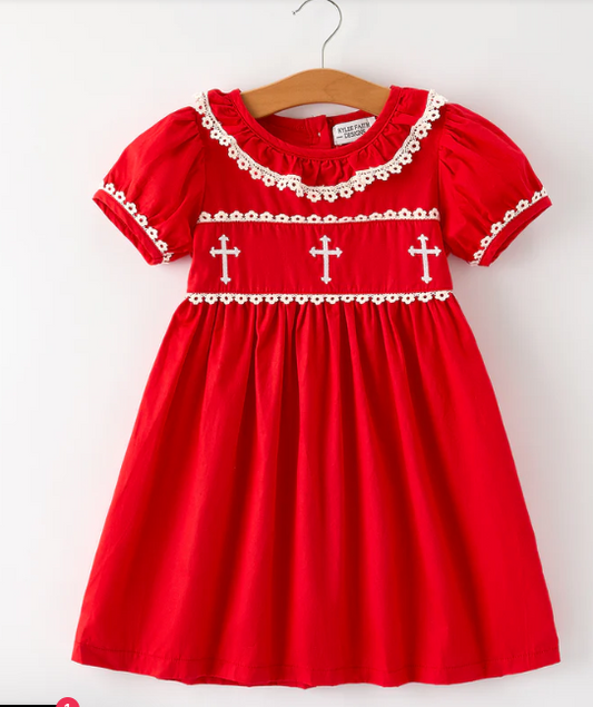 Red Christmas Girls Dress: Cross Embroidery with Lace Trim
