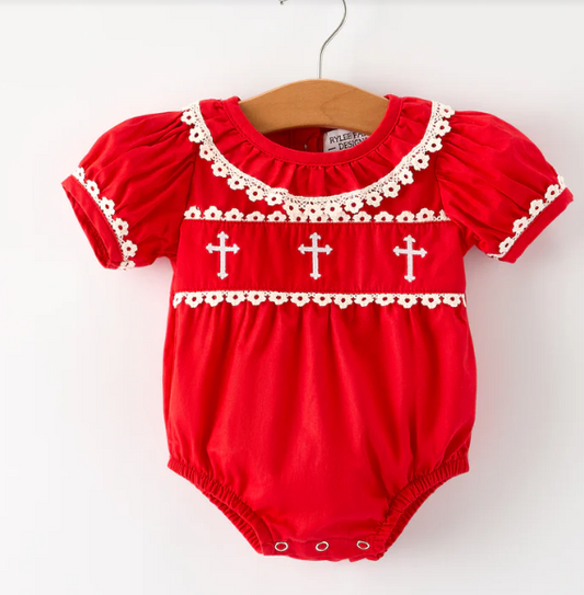 Red Christmas Baby Girls Romper: Cross Embroidery with Lace Trim