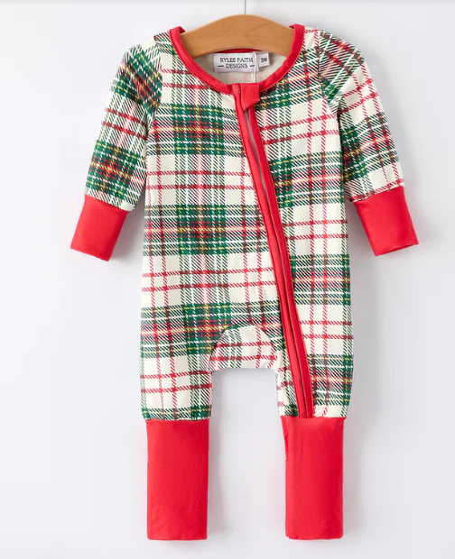 Christmas Plaid Baby Girls Romper with Long Sleeves and Red Cuffs