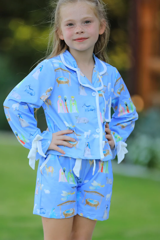 Blue Christmas Nativity Pattern Girls Pajamas Set